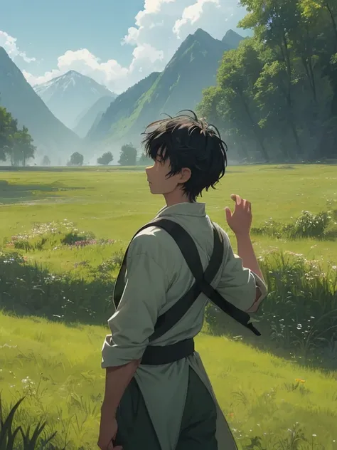 In a green meadow stands a boy leading a group of jujutsu socores.
BREAK
With a brave expression, he guides them towards their destination.
BREAK
Behind him, a green forest stretches out and beyond that, mountains rise in the distance.
BREAK
The most suita...