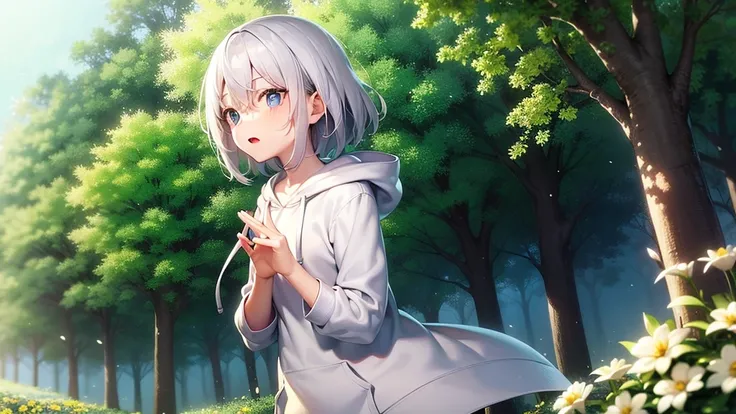 (masutepiece: 1.2, Best Quality), 1 Lady, Solo, silber hair,Shoulder out,Very short hair, long bangs between eyes, blue eyess,Black eyes, Hoodie,White hair, Silver hair, Hoodie, White hoodie、blue-sky、in woods、izumi、flower  field、open open mouth、5 fingers