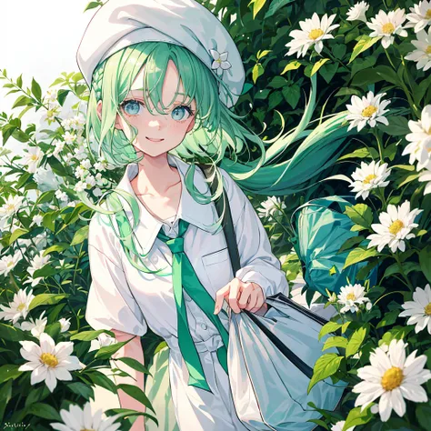 1girl in, (bags under eyes:1.5), Mint green hair, twin_braid, White beret, White shirt, flower necktie、A big smile