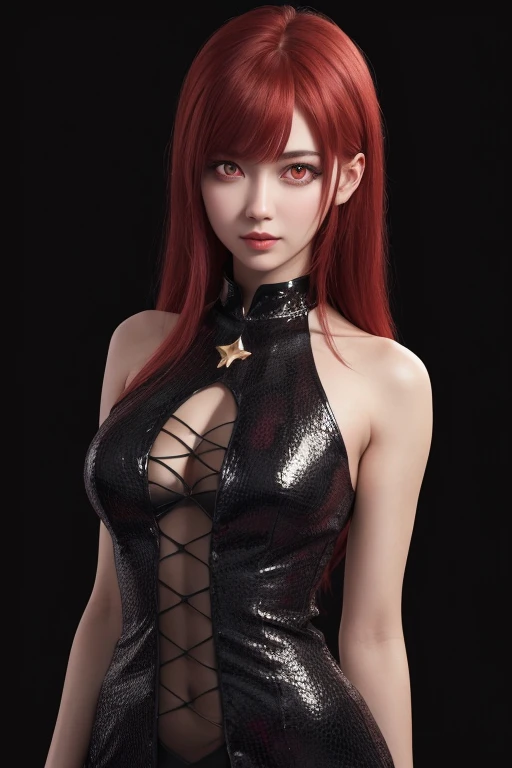 1girl, star eye, blush, perfect illumination, red hair, red eyes, unreal engine, sidelighting, detailed face, bangs, bright skin, simple background, dark background, full body,