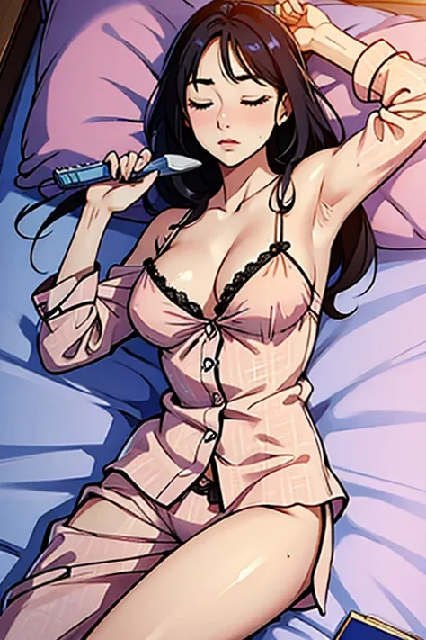 in sexy pajamas，Sleeping on the Bed，comb in hand