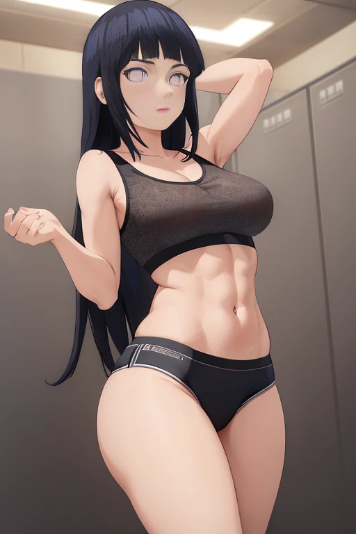 masterpiece, absurdres, 1girl, hinata(shippuden), floating hair,  masterpiece, absurdres , (intricate details), (colorful),cinematic lighting,bust shot,extremely detailed CG unity 8k wallpaper 1girl, solo, doing Deadlift, looking at viewer, Calvin Klein Sp...