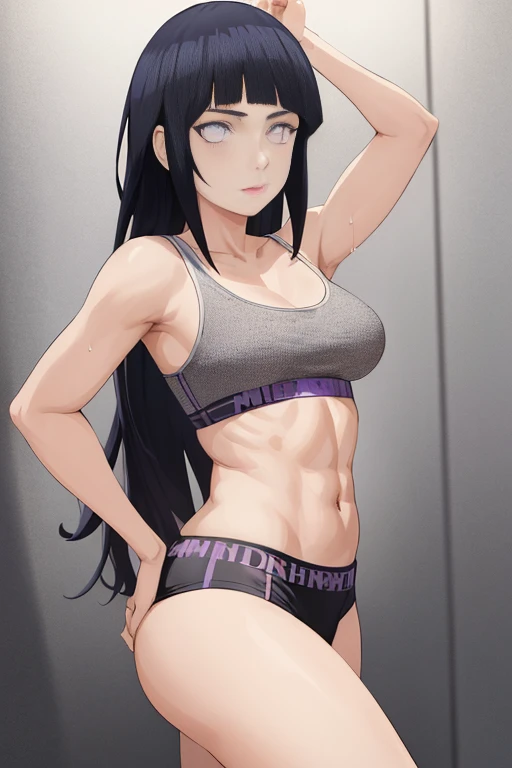 masterpiece, absurdres, 1girl, hinata(shippuden), floating hair,  masterpiece, absurdres , (intricate details), (colorful),cinematic lighting,bust shot,extremely detailed CG unity 8k wallpaper 1girl, solo, doing Deadlift, looking at viewer, Calvin Klein Sp...