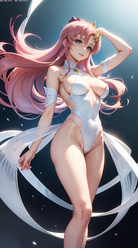 ultra detail, (((masterpiece))), (((official art))), (((anime art))), natural lighting, Lacus Clyne, attractive anime girl, 1girl, pink long hair, hair ornament, slender body, shiny skin, Big breasts that are about to burst, well-shaped breasts, detailed b...