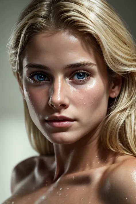 realistic image, Helen Slater age of 18 years, clear face, blond, sweaty body,