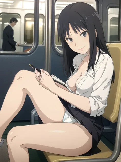 official 2d anime、((amagami))Best Quality, masutepiece, 超A high resolution, Officelady、Adults、femme、age 30s、Long black hair straight、shairband、frontage、beauty legs、gray office suit、a smile、Legs thin、small tits、Gray tight mini skirt、pencil skirts、Sitting on...