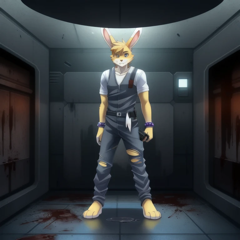 solo, male, rabbit, yellow colored fur, lean body, anthropomorphic rabbit, torn up grey jumpsuit, white shirt underneath, purple bracelet, holding pistol, standing in puddle of blood, dark eerie room, abandoned space station