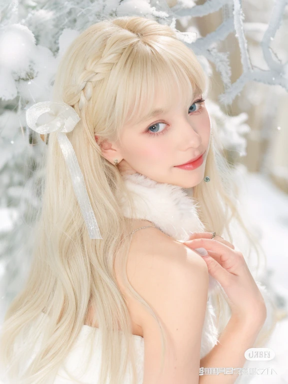 blond haired girl with white fur and a white dress posing for a picture, long white hair and bangs, white bangs, with long white hair, with white long hair, white hime cut hairstyle, very long snow colored hair, white long hair!!, white ponytail hair, hair...