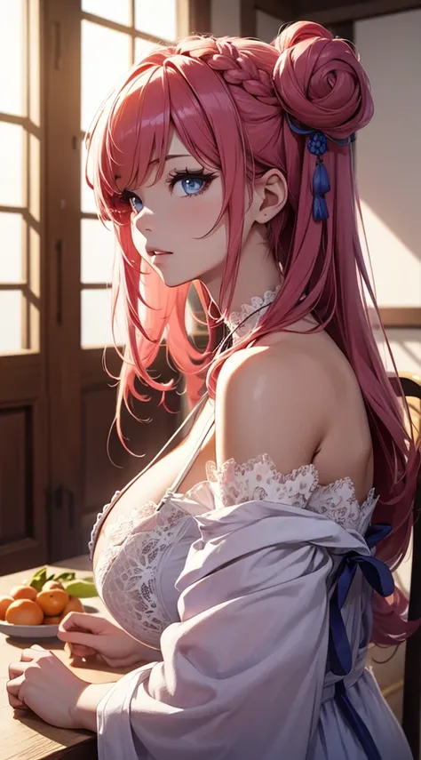 8K、quality、On a table、super high image quality、ultra - detailed、super beautiful、Ultra-realistic hair textures、anime illustration、Surreal sensibility、Whole body ESBIAN、mesmerizing looks、shave 、Off-the-shoulder blue yukata、Beutiful women、orange long hair、pon...