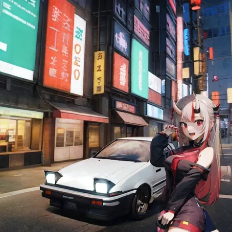 anime girl on the street with cars and cars, art deco outrun anime aesthestic, cyberpunk streets in japan, tokyo anime scene, be...