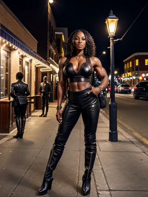 50 year old black woman, bodybuilder, realistic, (leather boots:1.2), high heels, standing outside restaurant next to a street lamp, pants and lace top