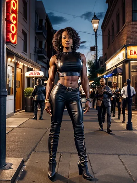 50 year old black woman, bodybuilder, realistic, (leather boots:1.2), high heels, standing outside restaurant next to a street lamp, pants and lace top