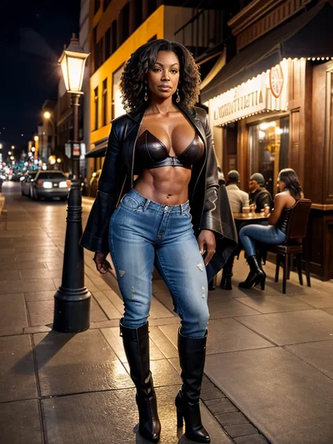 50 year old, black woman, bodybuilder, big muscles, big thighs, realistic, (leather boots:1.2), high heels, standing outside restaurant next to a street lamp, denim pants, lace bra and robe