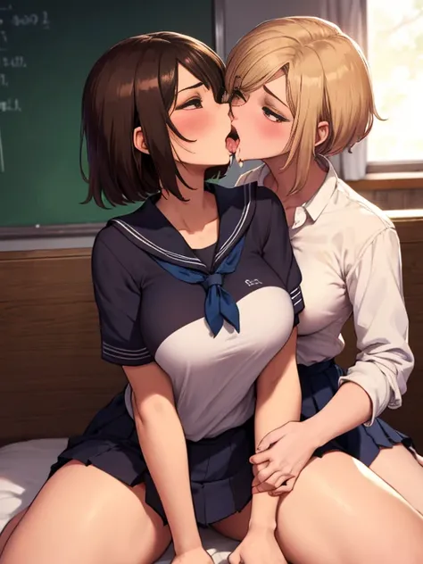 Brown hair、Brown-eyed、Open mouth, (blush, Shy, Saliva, Tongue out),  Anime style, Textured skin, high details, 全身エスlesbian，Lusting，((Drooling))，nakeness，raise leg、erotick、2((((hi-school girl))))、sexual act、Lesbian Play、(((Licking the body、licking girls cro...