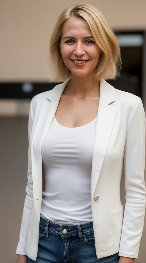 blonde woman with short hair smiling at camera, this person does not exist, mature facial features, right - half a cheerful face, wearing casual outerwear, slim figure, wearing jeans with a white shirt and blazer jacket, louise dalh wolfe-marthe jonkers-jo...