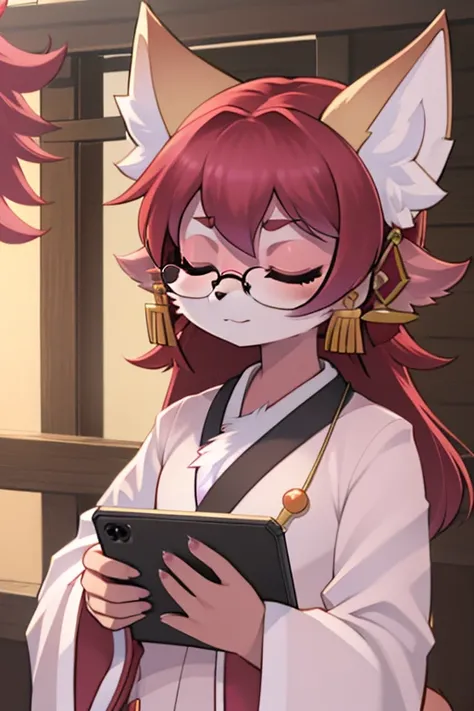 The content is very detailed, high high quality, tmasterpiece, The beautiful, Yae Miko Fox, 可爱的Bigchest，plum， Eternal, With his eyes closed, without humans, :Hone,  cellpHone, put glasses on head, Hone，Bigchest，anew，Hanfu，magenta skin，red hair，redheadwear，...