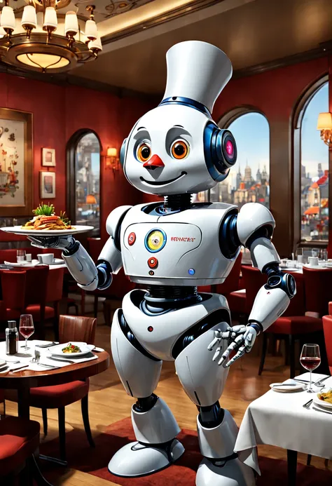 a Robot butler introduces menu in restaurant, high-end restaurant, by Richard Scarry, enhance, intricate, (best quality, masterpiece, Representative work, official art, Professional, unity 8k wallpaper:1.3)