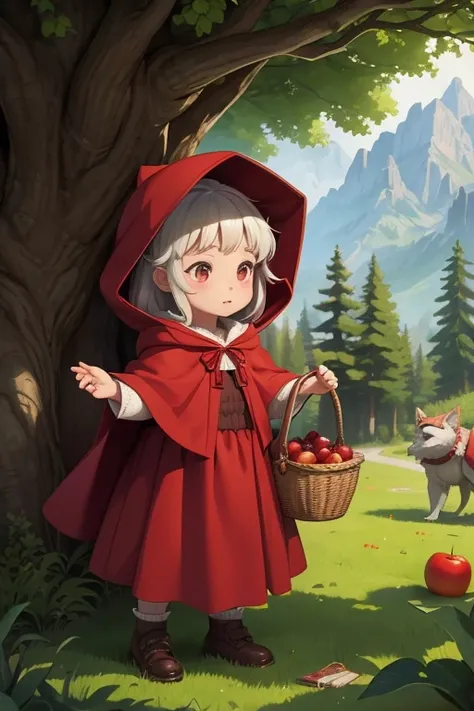 Girl in a red cloak, red riding hood, Big bad wolf, red riding hood, in woods, Girl carries a basket with fruits, Classic childrens illustration, red riding hood, BigBigBigBad Wolf, red riding hood, Wolves threaten the girl, , story book illustration, Rich...