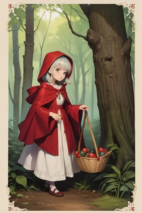 Girl in a red cloak, red riding hood, Big bad wolf, red riding hood, in woods, Girl carries a basket with fruits, Classic childrens illustration, red riding hood, BigBigBigBad Wolf, red riding hood, Wolves threaten the girl, , story book illustration, Rich...