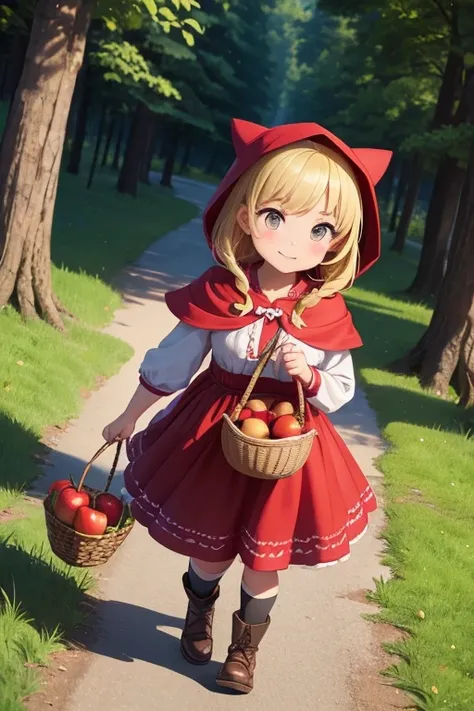 Girl dressed to go on an adventure、Dressed as Little Red Riding Hood、bustup、Walking while humming、Looks like a lot of fun、There is a basket with apple pie、Take low-angle shots from the front