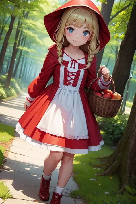 Girl dressed to go on an adventure、Dressed as Little Red Riding Hood、bustup、Walking while humming、Looks like a lot of fun、There is a basket with apple pie、Take low-angle shots from the front