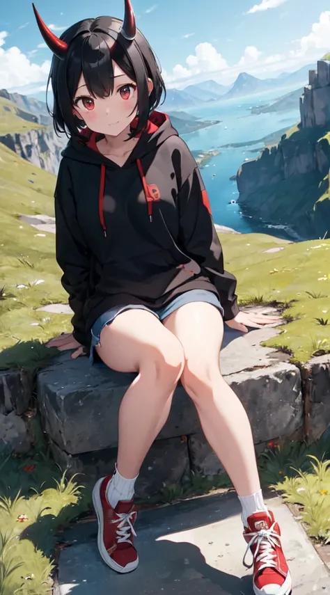 1girl, female, curve horn, red mix black hoodie, black Jean, white shoe, black hair, HD, 8k, high detail, short hair, chilling, on a mountain, summer, a lot of flower, focus on her,