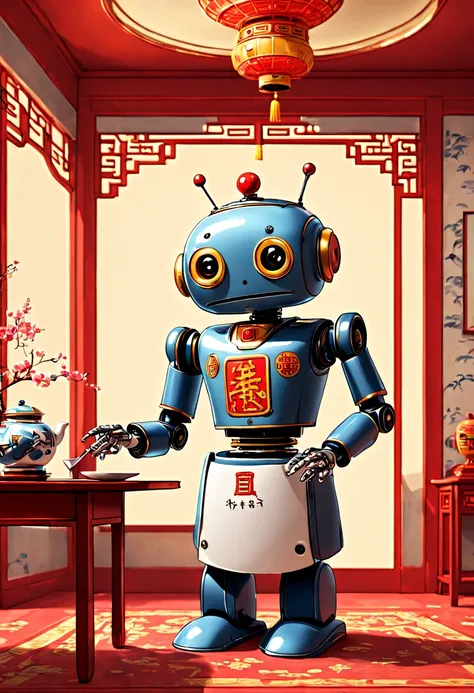 a Robot butler, chinese style, by Richard Scarry, enhance, intricate, (best quality, masterpiece, Representative work, official art, Professional, unity 8k wallpaper:1.3)