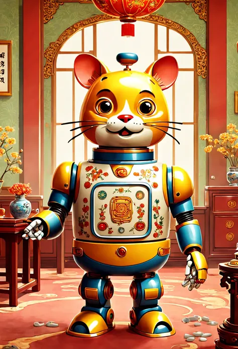 a Robot butler, chinese style, by Richard Scarry, enhance, intricate, (best quality, masterpiece, Representative work, official art, Professional, unity 8k wallpaper:1.3)