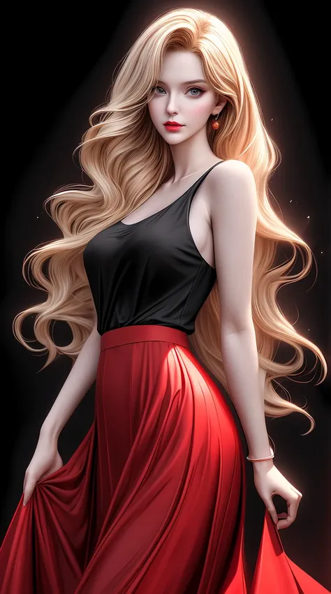 a woman with long blonde hair wearing a red skirt and black top, trending on artstration, beautiful digital artwork, stunning art style, beautiful artwork, high quality portrait, high quality digital painting, black art, stunning artwork, realistic digital...