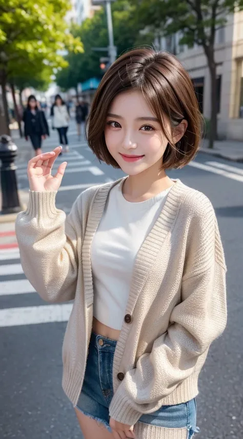 quality、image quality、8K分辨率、cute women，chineseidol，15year old，with perfect style、combed brown hair，Short hair detailclusive leather jacket、Light colored sweaters、the street、The smile is bright, Detailed faces, 詳細な目,