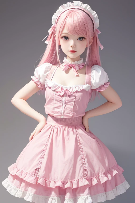 Super delicate and cute girl with pink hair and Lolita skirt. 8K ultra-high image quality, fine texture, with a pure white background.