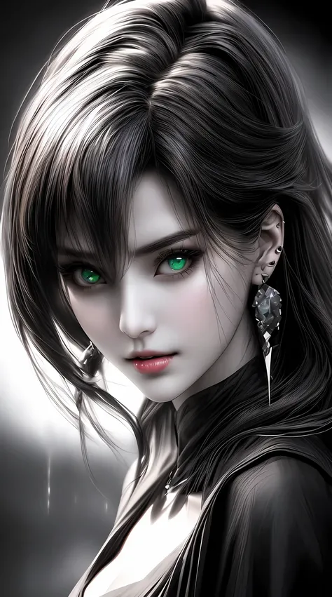 (best quality,4k,8k,highres,masterpiece:1.2), ultra-detailed, (realistic,photorealistic,photo-realistic:1.37), close up portrait, good looking, demon with green eyes, good looking fit woman, member of the kure clan, small black horns, kengan ashuras 180, v...