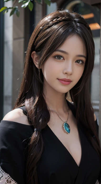 (Ultra Realistic), (Beautiful and Detailed Eyeest Quality), (Ultra Detailed), (Masterpiece ), (detailed face), 1 girl, looking at viewer, fine details, pureerosfaceace_v1, smiling, long hair, black shawl straight hair