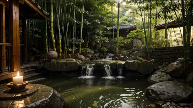 Water flows at the end of the bamboo, the atmosphere is green, there are stones arranged, there are candles beside the stones,