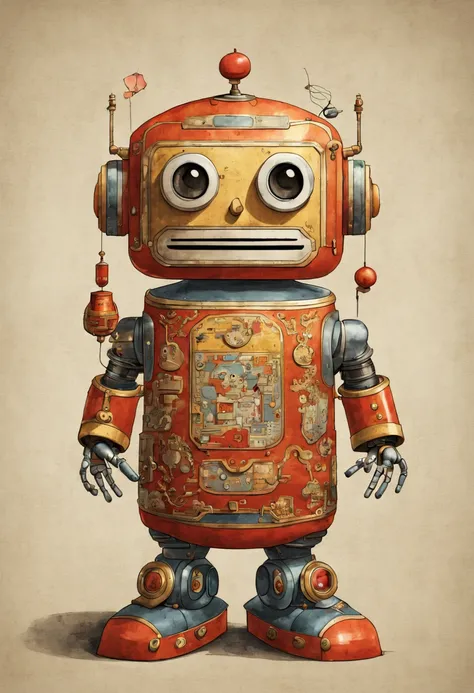 Robot butler, chinese style, by Richard Scarry, enhance, intricate, (best quality, masterpiece, Representative work, official art, Professional, unity 8k wallpaper:1.3)