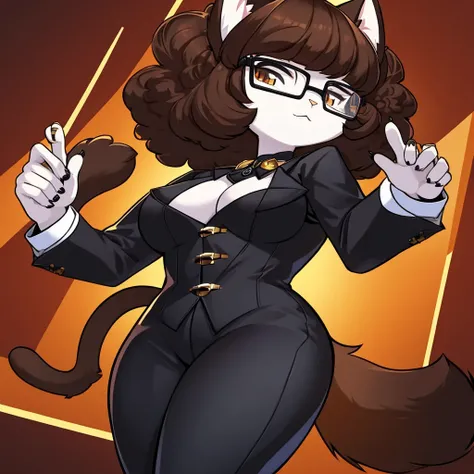 Female, furry, cat,  feline, medium thighs, medium afro brown hair, wearing a white glasses, wearing black suit, many black rings on her fingers