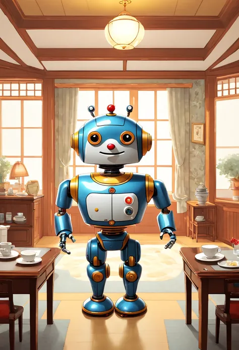 a Robot butler, Korean style, by Richard Scarry, enhance, intricate, (best quality, masterpiece, Representative work, official art, Professional, unity 8k wallpaper:1.3)