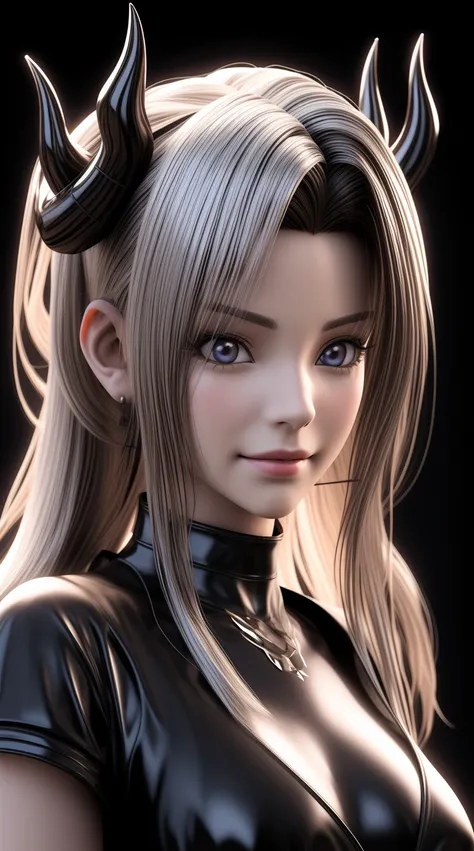 a close up of a woman with horns on her head, cute face. Devilishly smiling, dark fantasy, stunning anime face portrait, render of a cute 3d anime girl, beautiful digital artwork, photorealistic anime girl render, 3 d anime realistic, with long hair and pi...