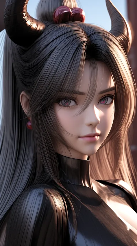 a close up of a woman with horns on her head, cute face. Devilishly smiling, dark fantasy, stunning anime face portrait, render of a cute 3d anime girl, beautiful digital artwork, photorealistic anime girl render, 3 d anime realistic, with long hair and pi...