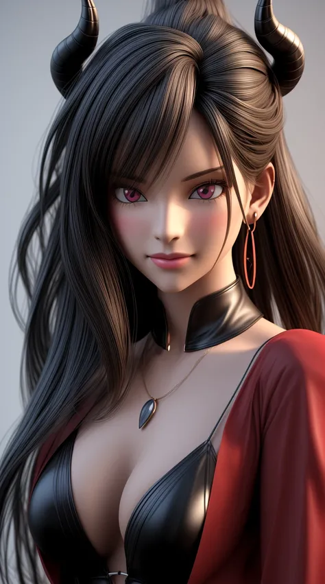 a close up of a woman with horns on her head, cute face. Devilishly smiling, dark fantasy, stunning anime face portrait, render of a cute 3d anime girl, beautiful digital artwork, photorealistic anime girl render, 3 d anime realistic, with long hair and pi...