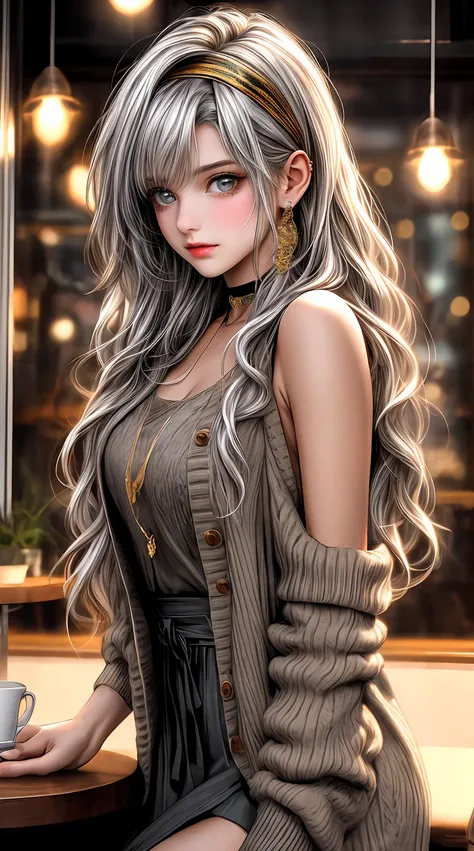 A girl with golden eyes and silver hair, wearing a choker and a headband, has long wavy hair with asymmetrical bangs. She is dressed in a sleeveless dress with a cardigan, showing off her shoulders. The scene takes place in a cozy cafe. Please ensure the g...