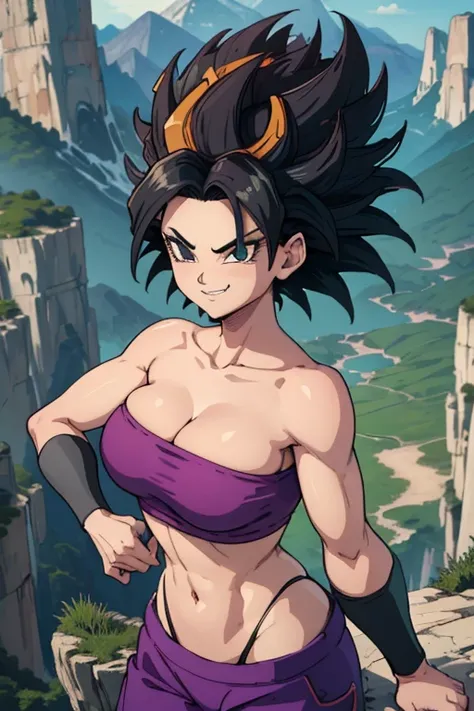 masterpiece, best quality,  defcaulifla, black hair, black eyes, tube top, purple pants, bracers, looking at viewer, smirk, furrowed brow, smile, green sky, mountains, rock formations, from above, standing, close-up