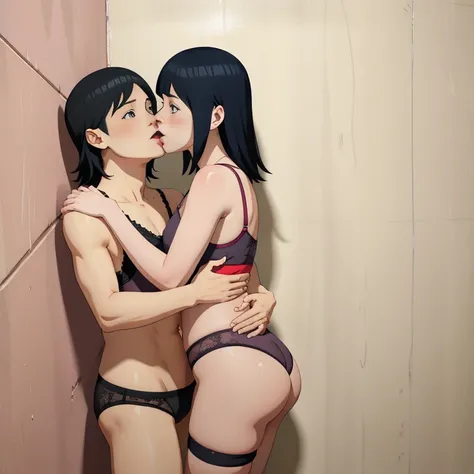 absurdres, highres, ultra detailed, (2girls:1.2), {Sarada, shorter in height, Balck hair, short hair. In her adorable underwear}(single sidelock:1.2), [Hinata, taller in height, long hair, blueish hair. nervous, Underwear, bra and panties laces,] {Lauren p...