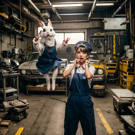 A feisty bunny wearing a mechanics uniform strikes a cool pose. The atmosphere is in a car repair shop.