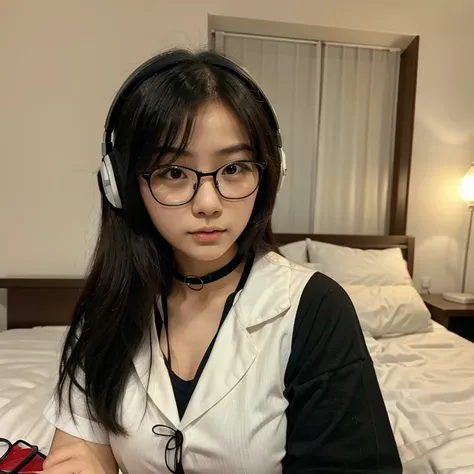 Korean Asian woman wearing glasses and headphones sitting on bed, with glasses, korean girl, thick glasses, age is 18 years old, 2 2 years old, thicc, 21 years old, beautiful asian girl, asian girl, young and cute girl, with glasses on, spectacled, cutecor...