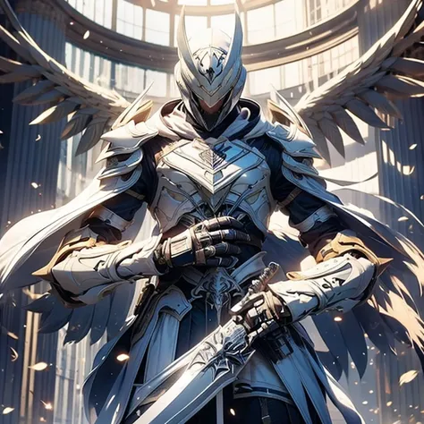 White hood，male people，hidden blade，Eagle beak hood，armor，White cloak，assassins creed，sci-fy，Long Gun，a shield，exoskeleton，masked，helmet under hood，Mechanical wings，Skirt，Skirt armor