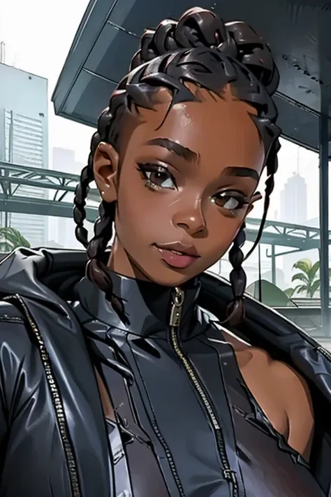 (master part, melhor qualidade), Deep Ebony 1girl, beautiful face, Braids hanging freely, corpo inteiro, nsfw seios muito grandes, nsfw moda cyberpunk, nsfw moda cyberpunk