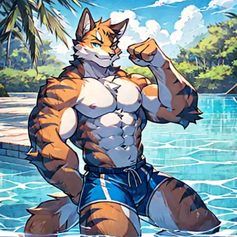 Sexy Male cat. posing. Swimming shorts. Shirtless. Muscular body. Pastel color palette