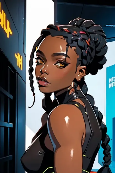 (master part, melhor qualidade), Deep Ebony 1girl, beautiful face, Braids hanging freely, corpo inteiro, nsfw seios muito grandes, nsfw moda cyberpunk, nsfw moda cyberpunk