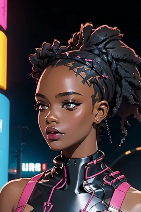 (master part, melhor qualidade), Deep Ebony 1girl, beautiful face, Braids hanging freely, corpo inteiro, nsfw seios muito grandes, nsfw moda cyberpunk, nsfw moda cyberpunk